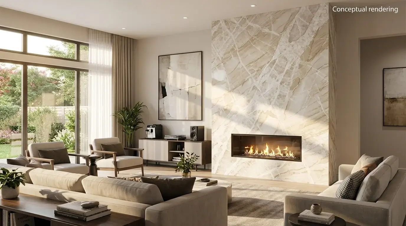 Conceptual rendering of a polished Allure Quartzite indoor fireplace surround with beige and cream tones in a living room