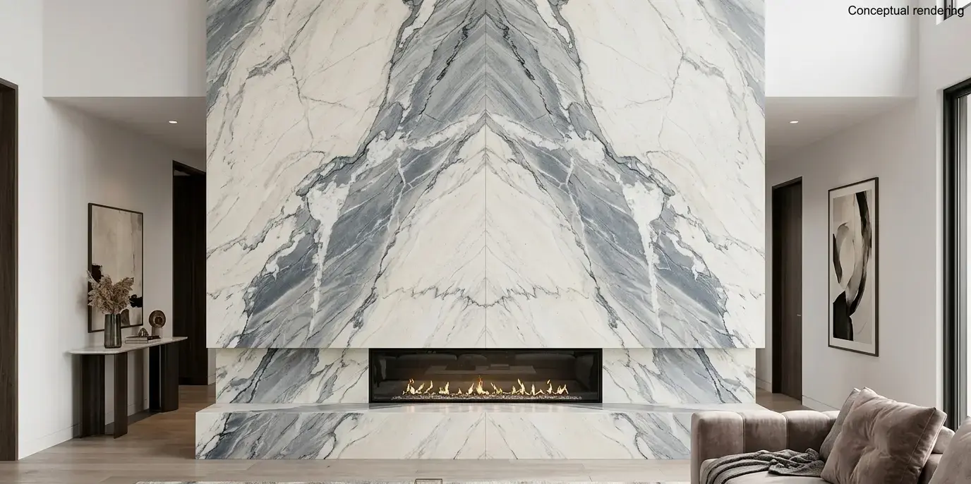 Conceptual rendering of a honed Allure Quartzite fireplace wall with gray-blue veining and white crystalline patterning