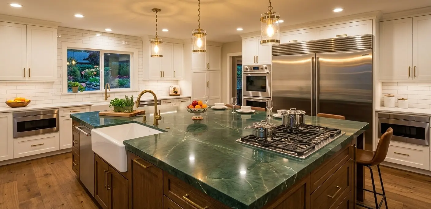 Conceptual rendering of green quartz countertop in kitchen
