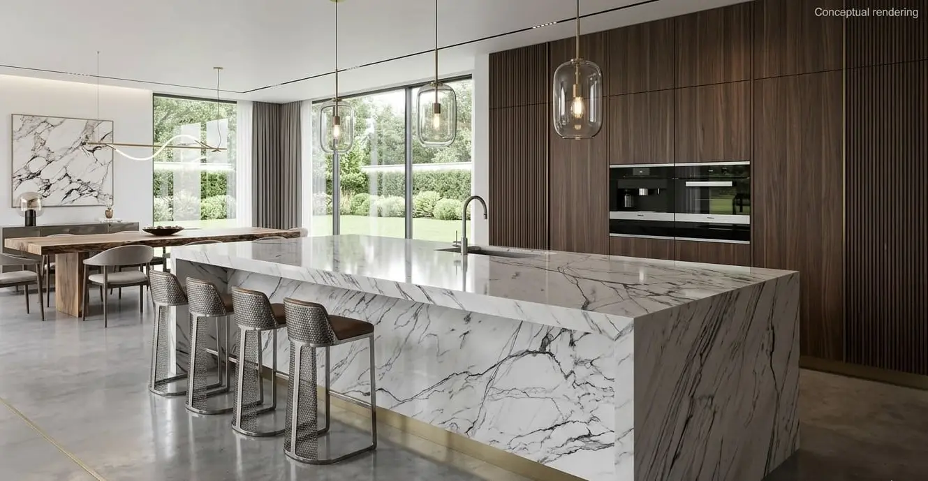 Conceptual rendering of modern kitchen featuring a polished marble countertop island