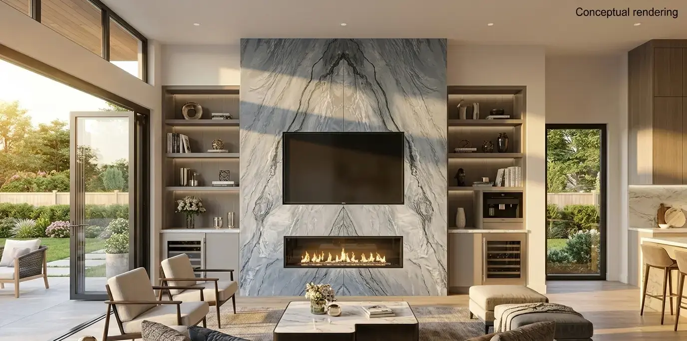 Conceptual rendering of a book-matched Allure Quartzite living room fireplace surround with symmetrical white veining