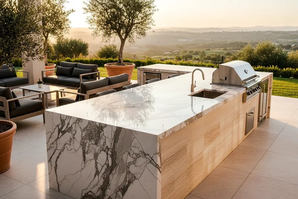Conceptual rendering of a polished quartzite outdoor kitchen island with dramatic veining