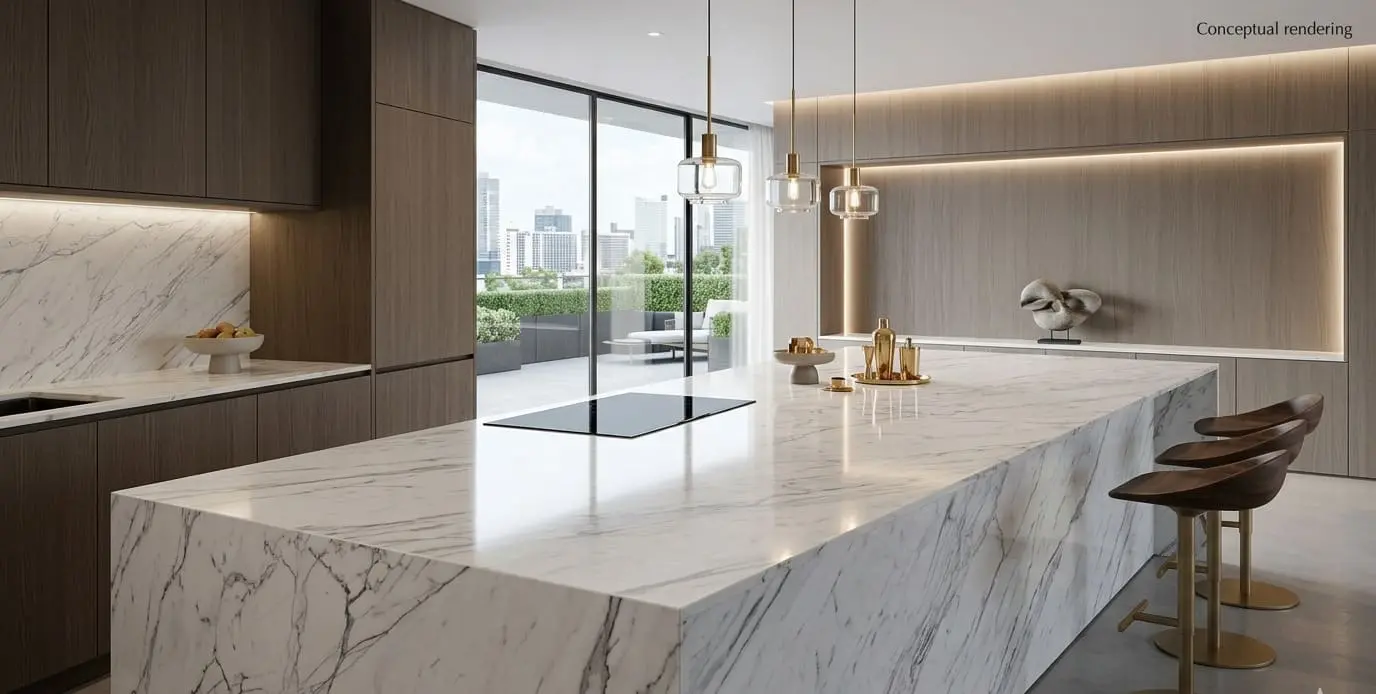 Kitchen interior with a waterfall island and polished Marble countertops