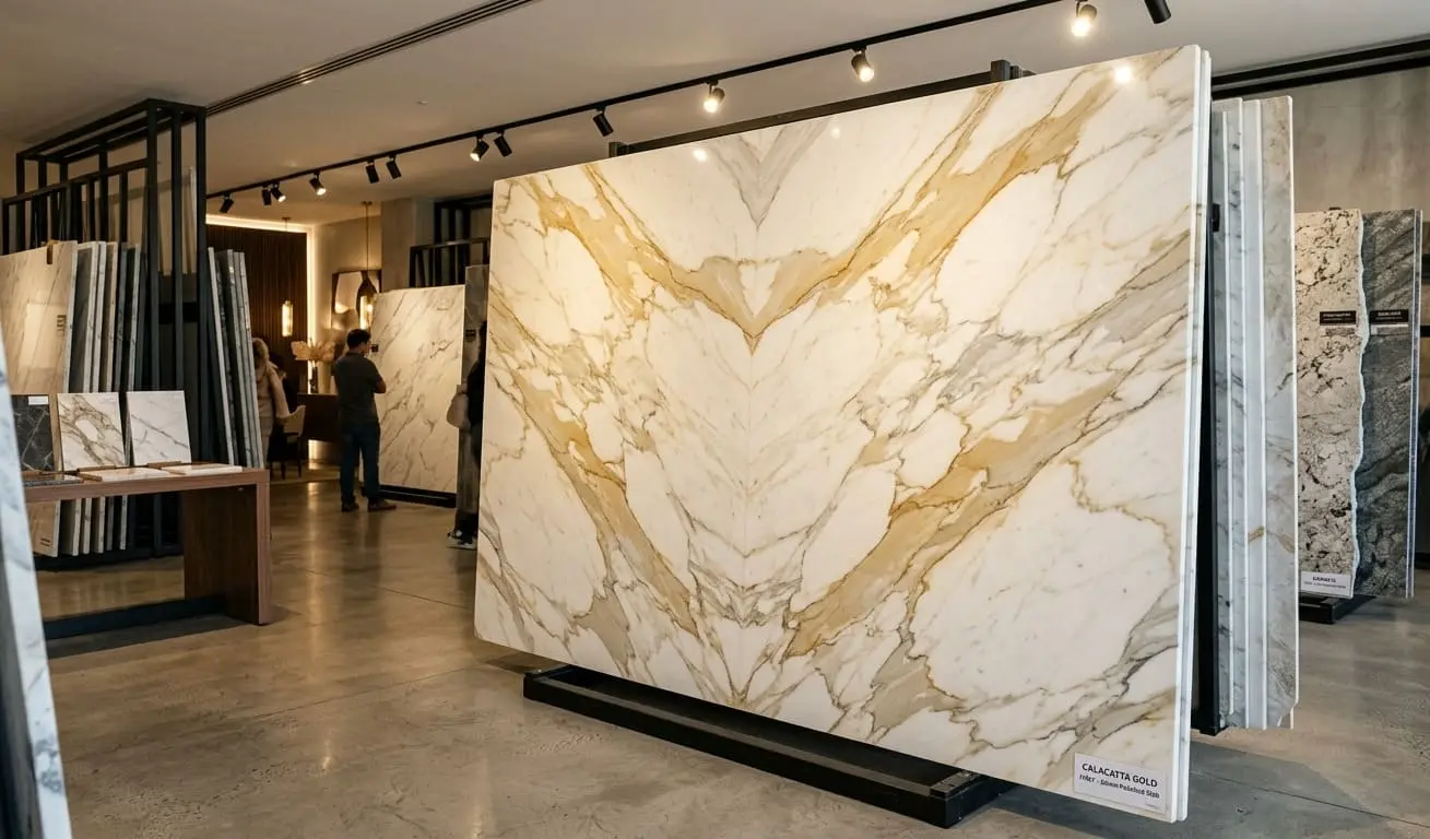 Display of Calacatta Gold marble slabs at Nova Tile and Stone showroom