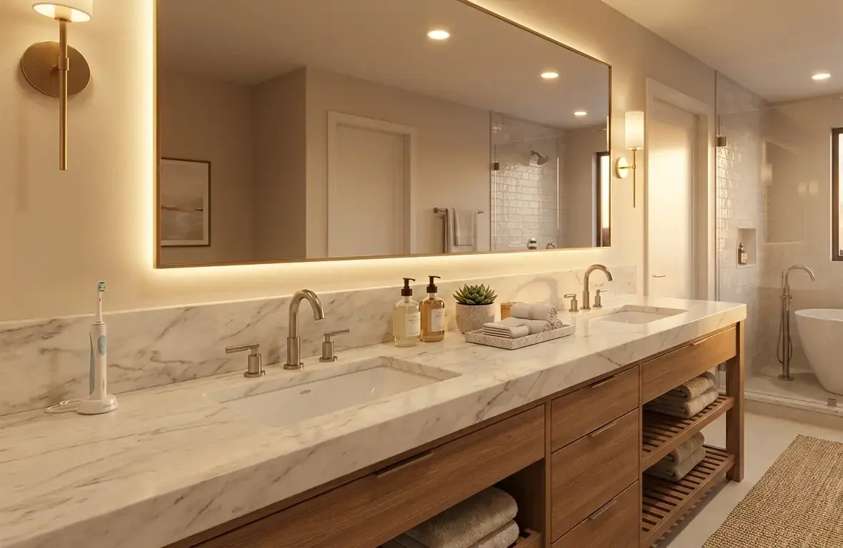 Conceptual rendering of a honed marble bathroom vanity top with soft gray feather-like veining detail