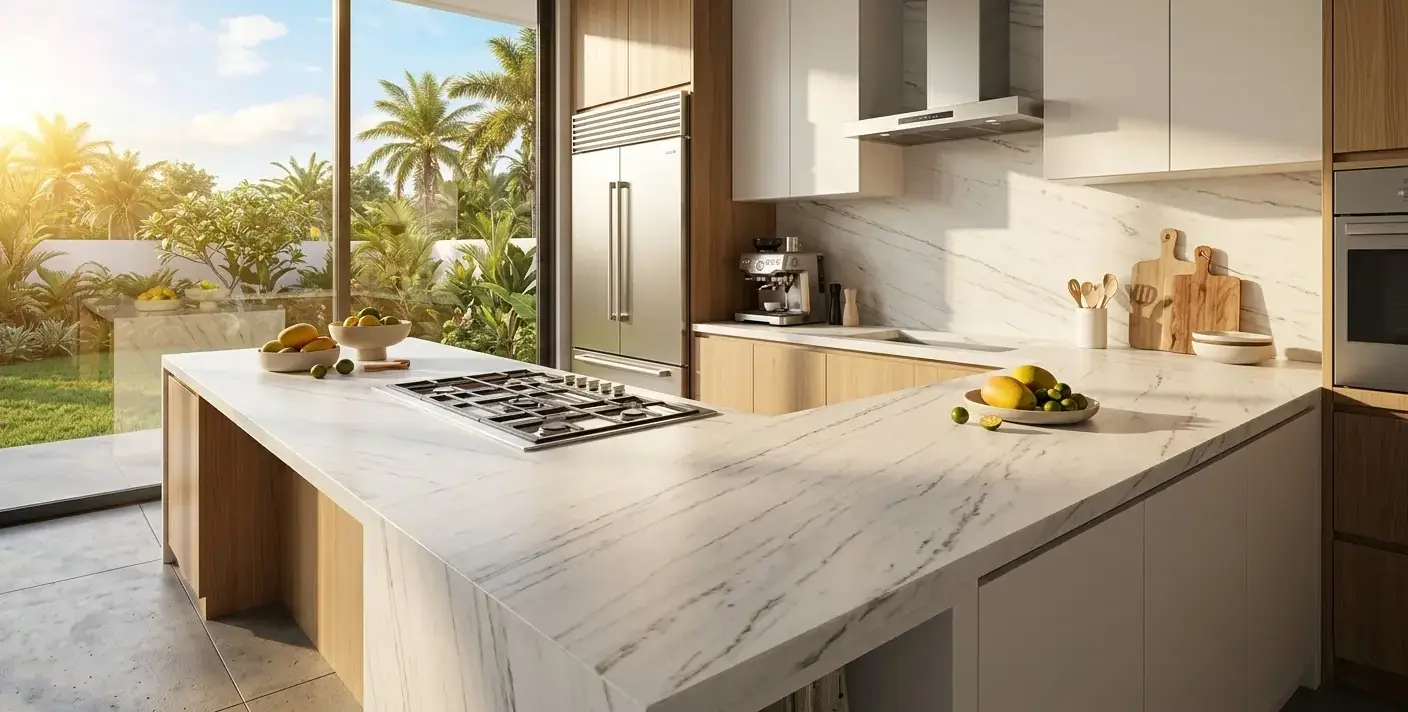 Conceptual rendering of a white honed marble countertop installed in a modern kitchen with linear veining