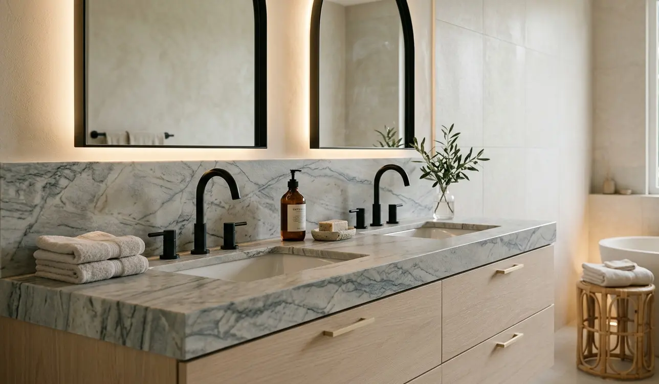Allure Quartzite Specialty Finish bathroom vanity with matte black fixtures and spa-like interior design