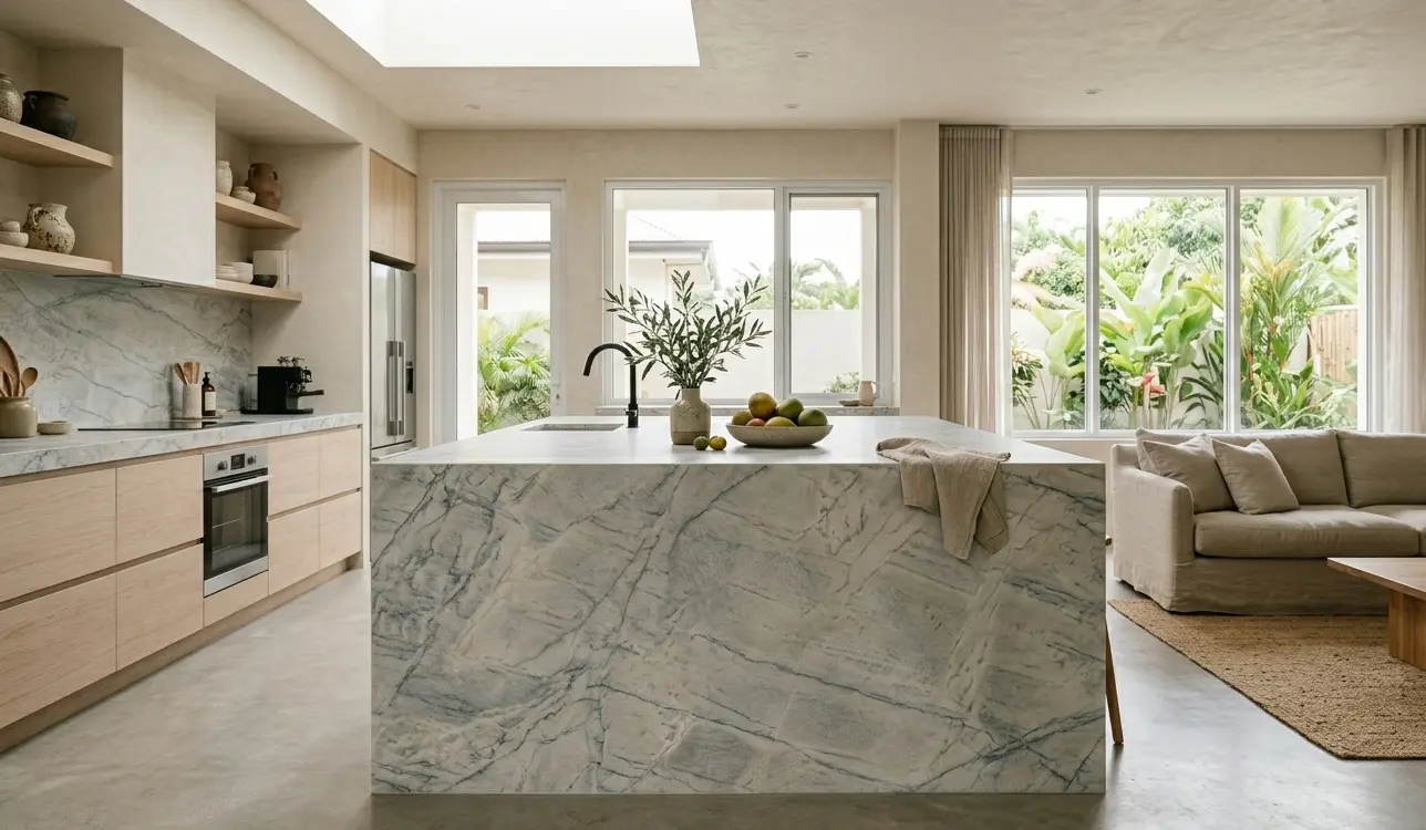 Allure Quartzite Specialty Finish used as feature wall in open-plan modern kitchen space