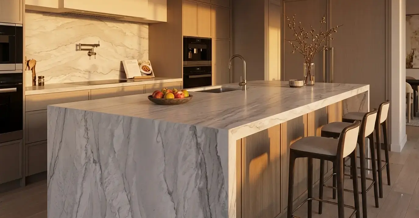 Conceptual rendering of a honed quartzite island countertop with waterfall edge and cloudy veining pattern