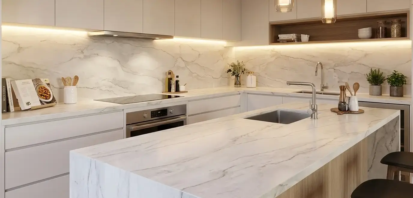 Conceptual rendering of a honed quartzite kitchen countertop in white and gray with marble-like veining