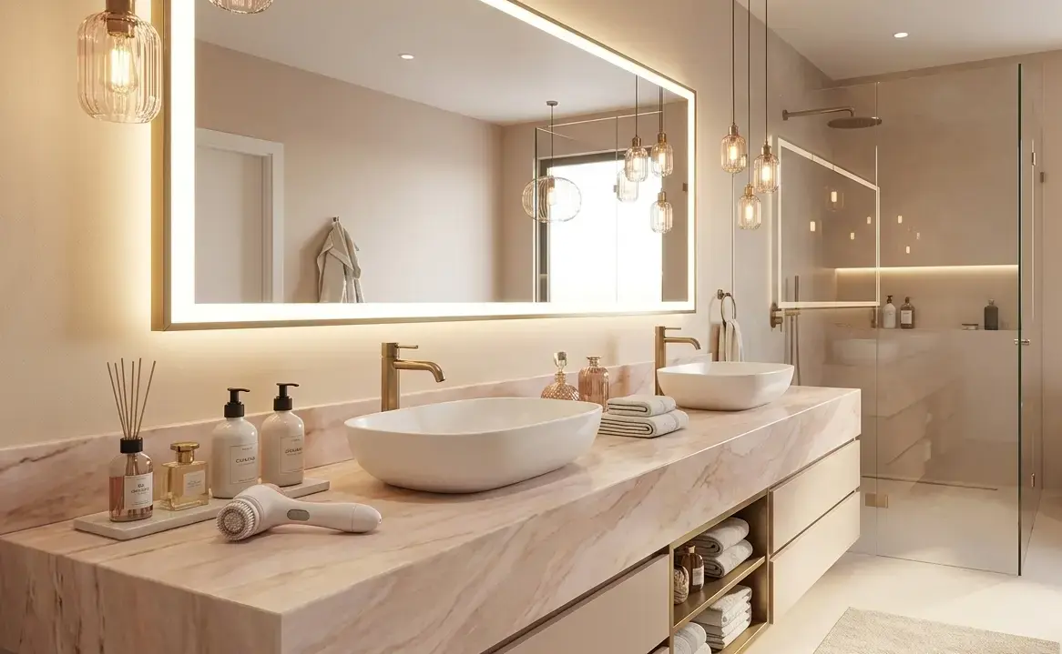 Conceptual rendering of a honed quartzite bathroom vanity top in soft pink and beige tones