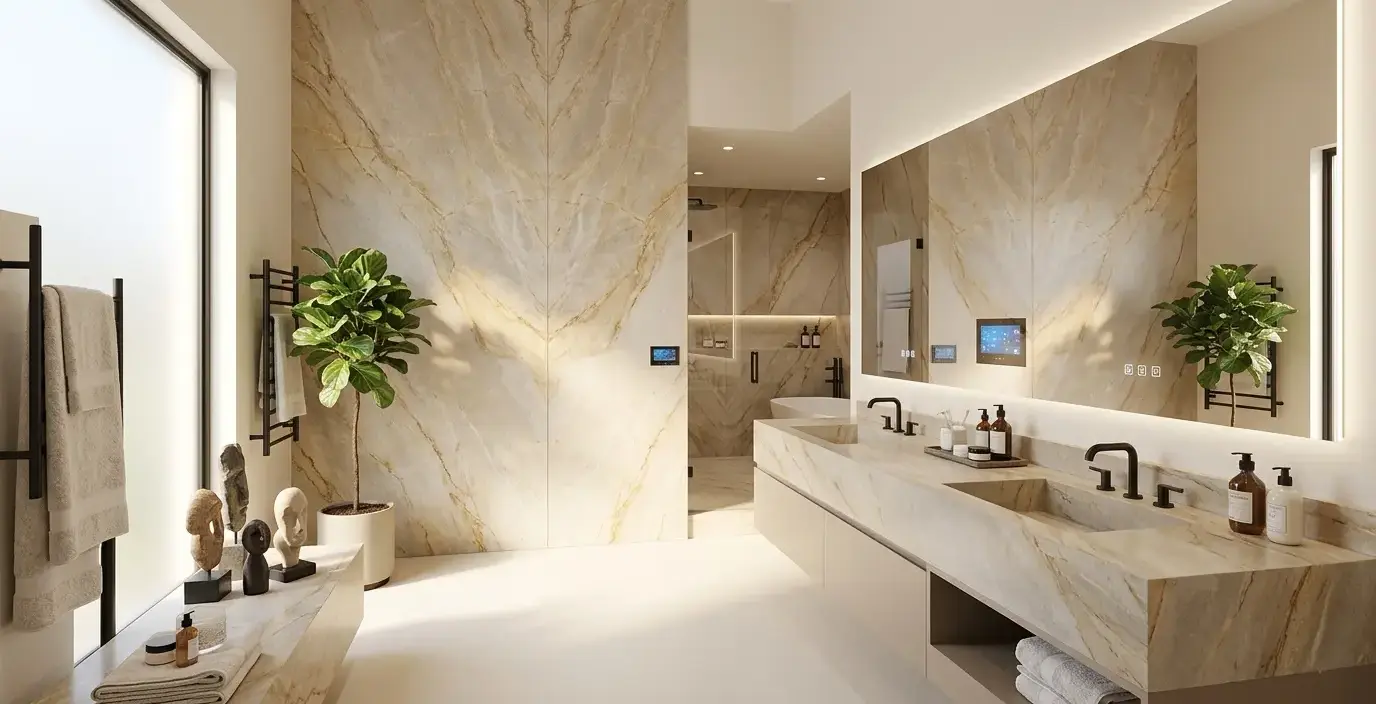 Conceptual rendering of a honed quartzite feature wall and countertop in a modern bathroom with matte finish