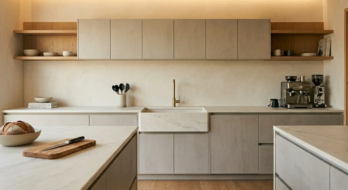 Conceptual rendering of matte dolomite countertops with honed finish in a modern kitchen with flat-panel cabinetry