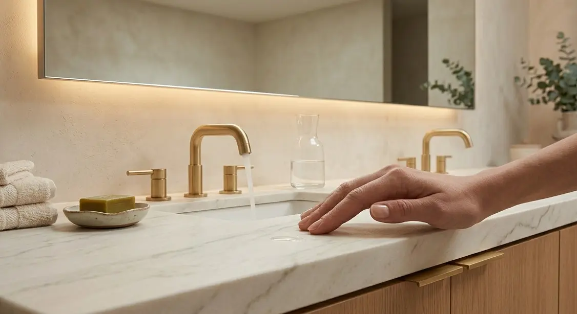 Conceptual rendering of matte dolomite countertops in a spa-inspired bathroom with brushed gold fixtures and white cabinetry