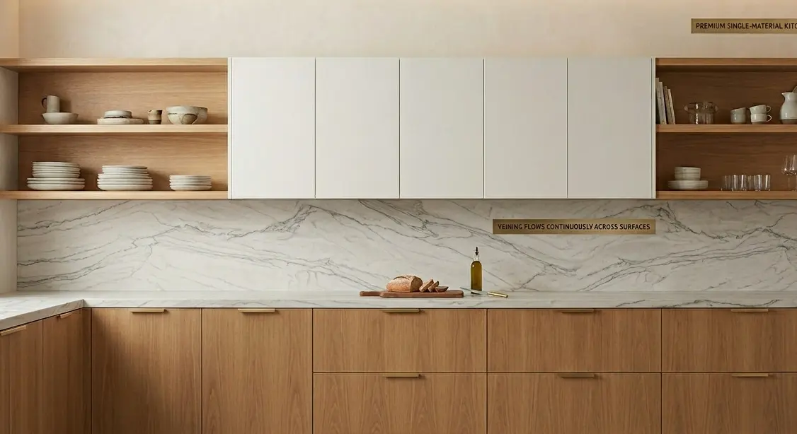 Conceptual rendering of matte dolomite countertops with full-height backsplash panel in matching honed natural stone slab