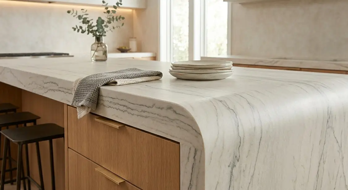 Conceptual rendering of matte dolomite countertops custom waterfall island edge with honed finish and natural gray veining