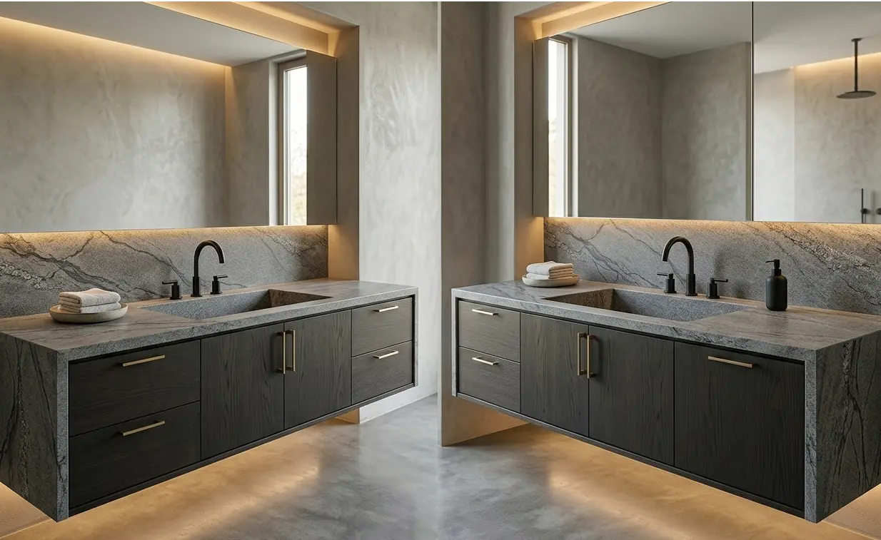 Conceptual rendering of matte granite countertops bathroom vanity with matte black fixtures and dark floating cabinet