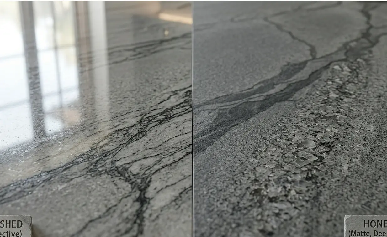 Conceptual rendering of matte granite slabs close-up showing honed finish grain and matte surface texture