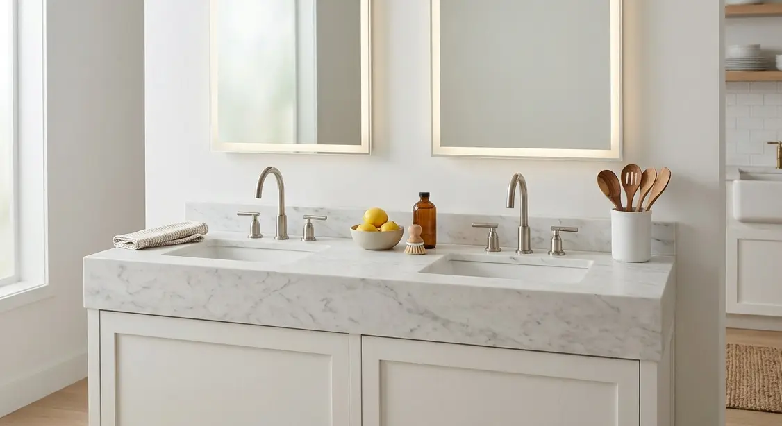 Conceptual rendering of matte marble countertops bathroom vanity honed finish with brushed nickel and white walls