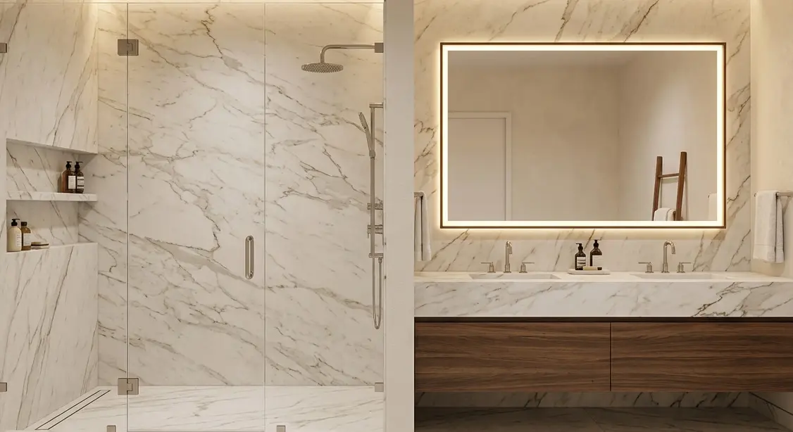  Conceptual rendering of matte marble shower surround and vanity countertop matching honed slab installation bathroom