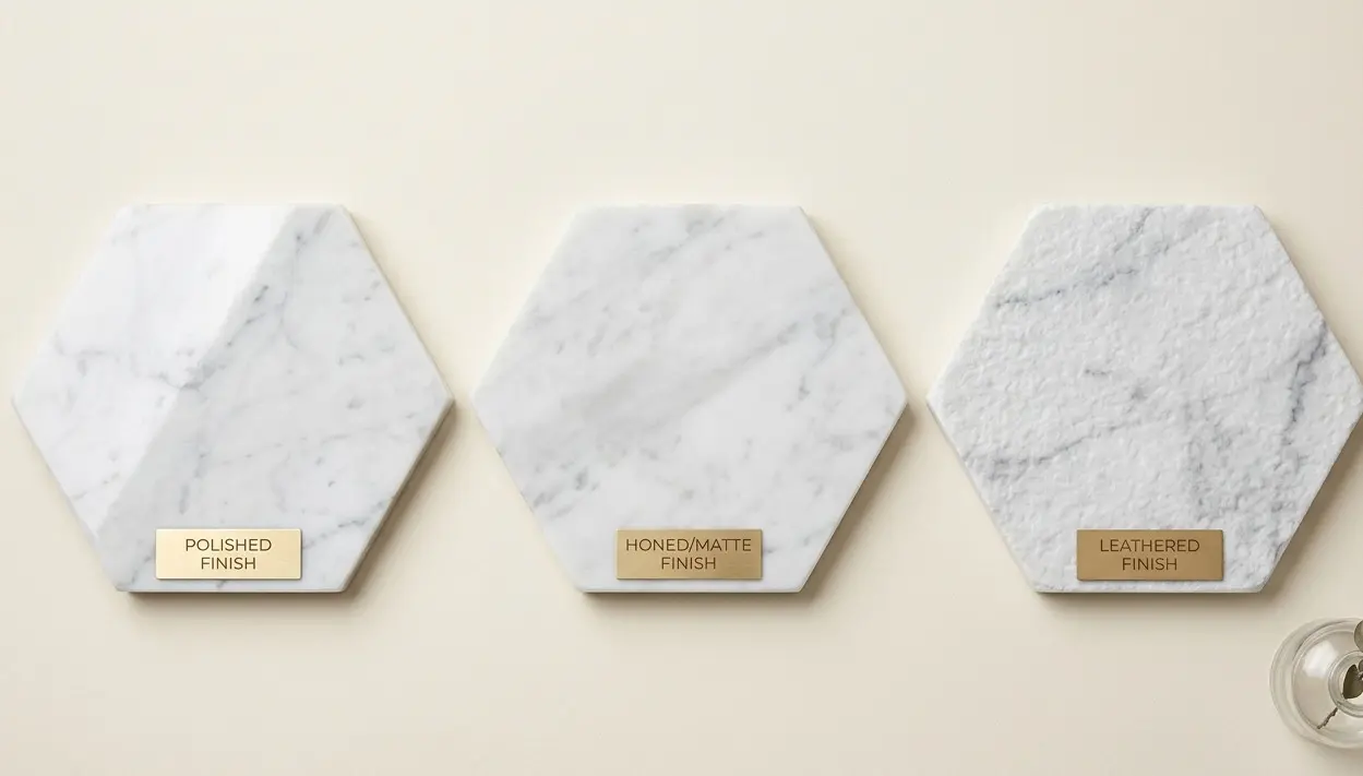 Conceptual rendering of finish comparison between polished, honed and leathered samples cream background