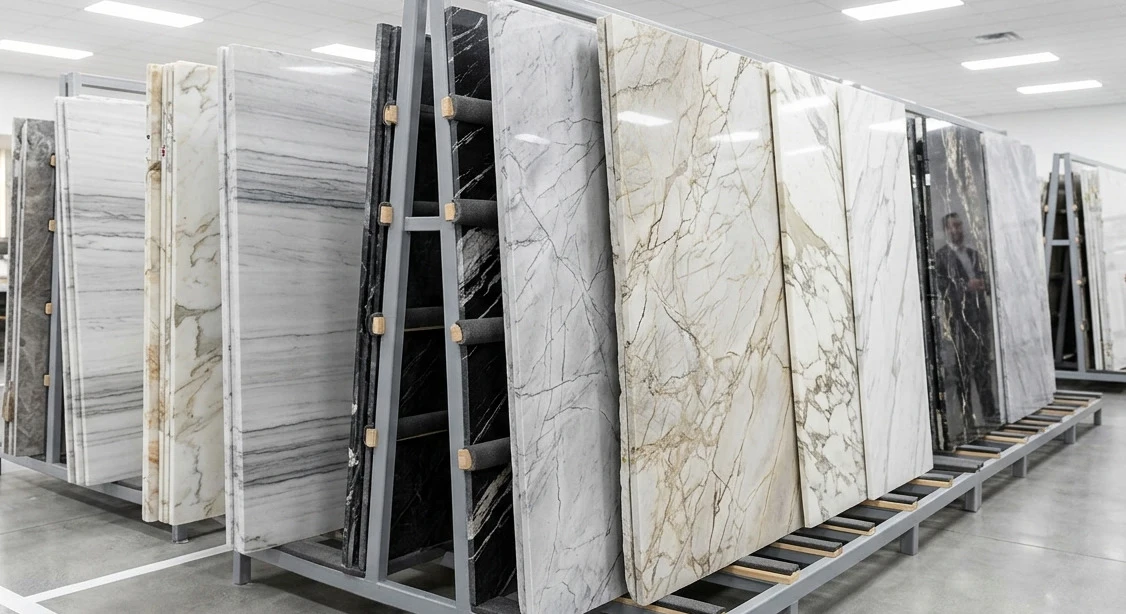 Matte Marble Countertops slabs on display in natural stone showroom slab inventory rack