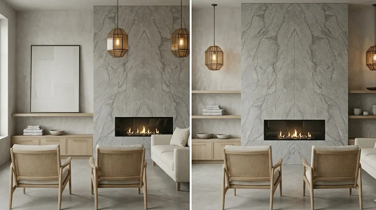 Conceptual rendering of matte quartzite countertops used as fireplace surround with honed finish in a modern living room