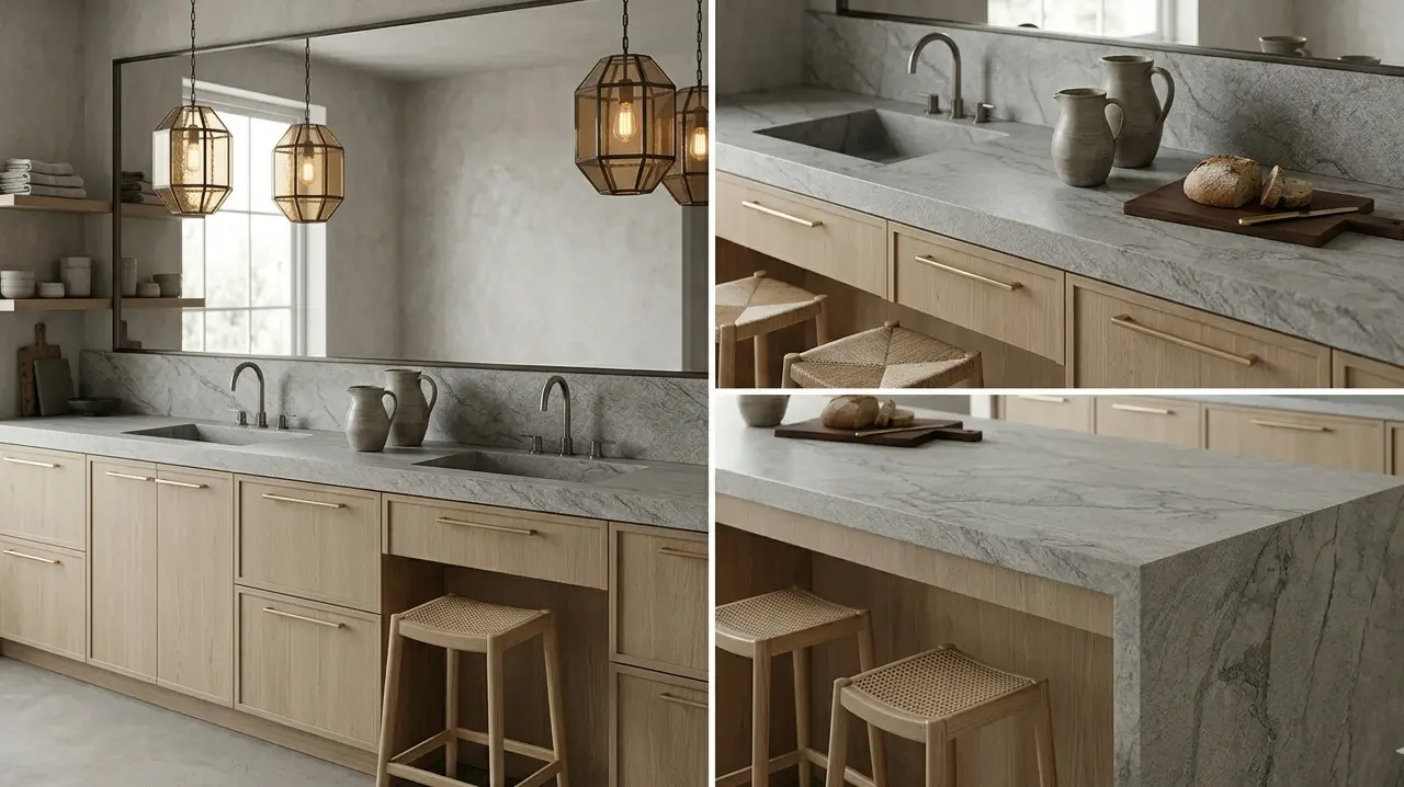 Conceptual rendering of matte quartzite countertops in a luxury bathroom vanity with brushed gold fixtures and light wood