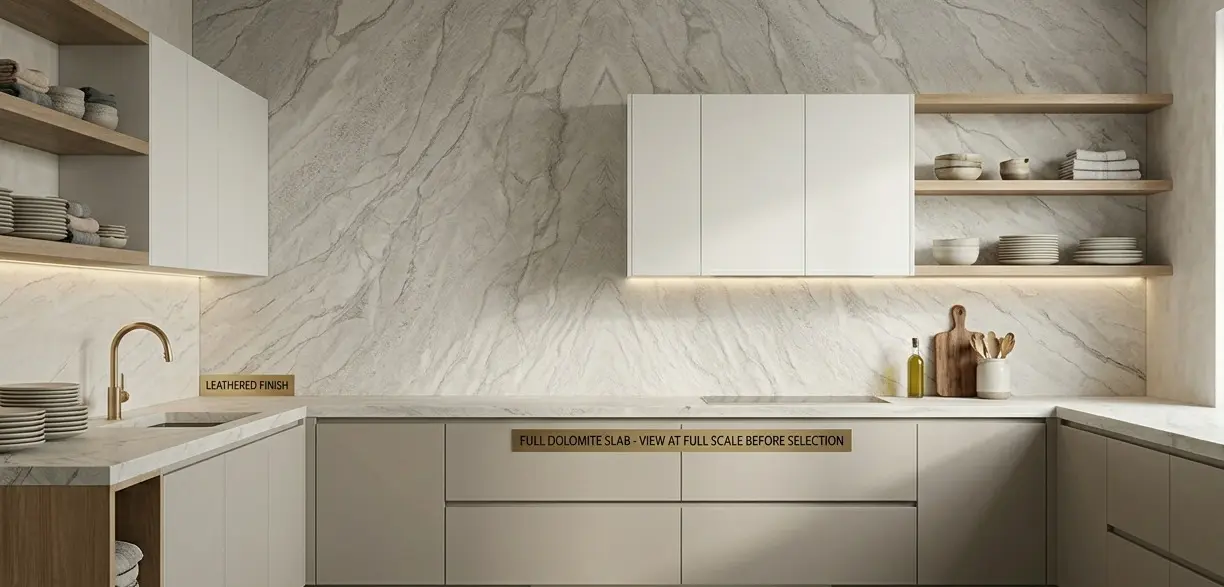 Conceptual rendering of leathered dolomite countertops with textured finish in a modern kitchen with warm brass fixtures