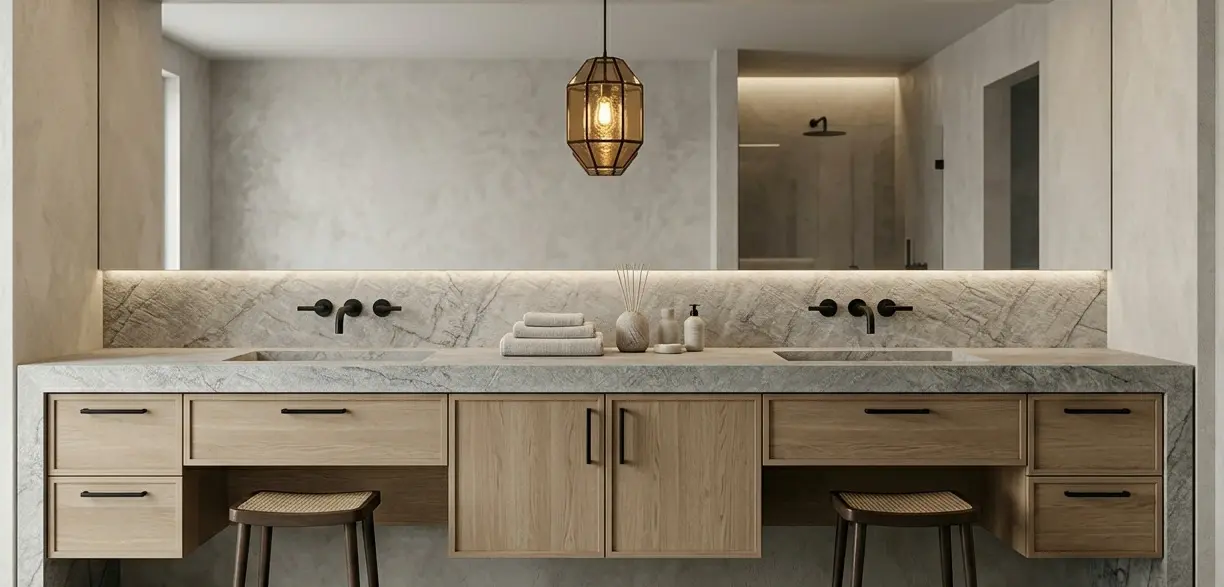 Conceptual rendering of leathered dolomite spa-like bathroom vanity with matte black faucets and white cabinetry