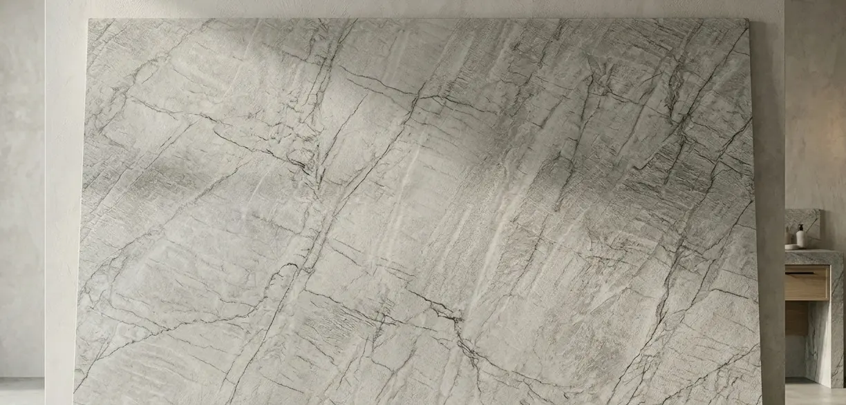 Conceptual rendering of leathered dolomite countertops full slab at showroom scale showing complete veining and textured finish
