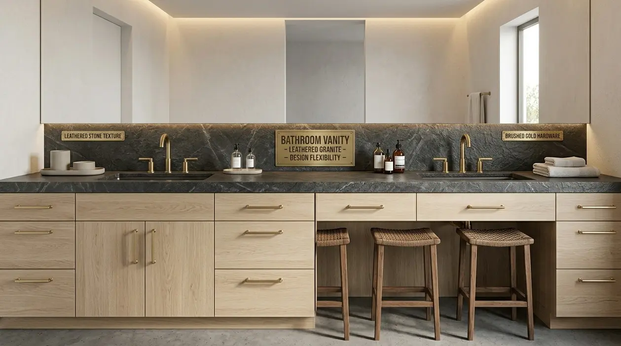 Conceptual rendering of leathered granite countertops in a luxury bathroom vanity with brushed gold fixtures and light cabinetry