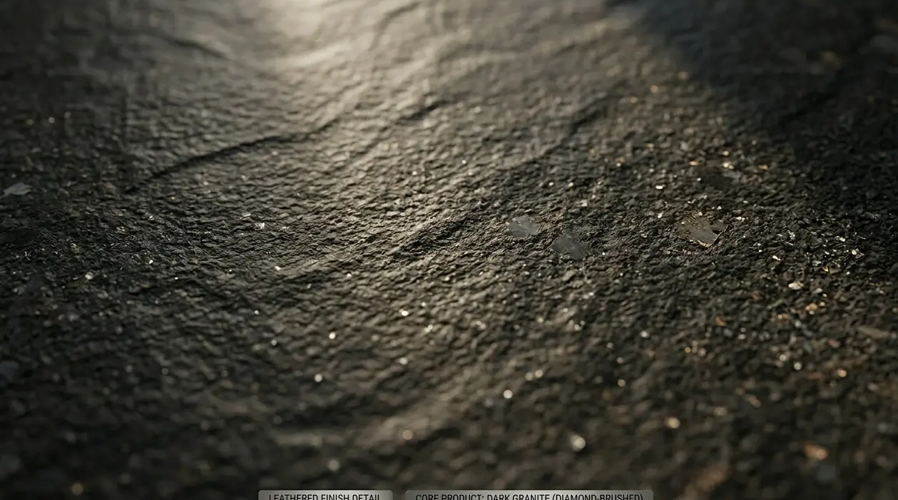 Conceptual rendering of leathered granite countertops close-up showing subtly textured finish with natural mineral flecks detail