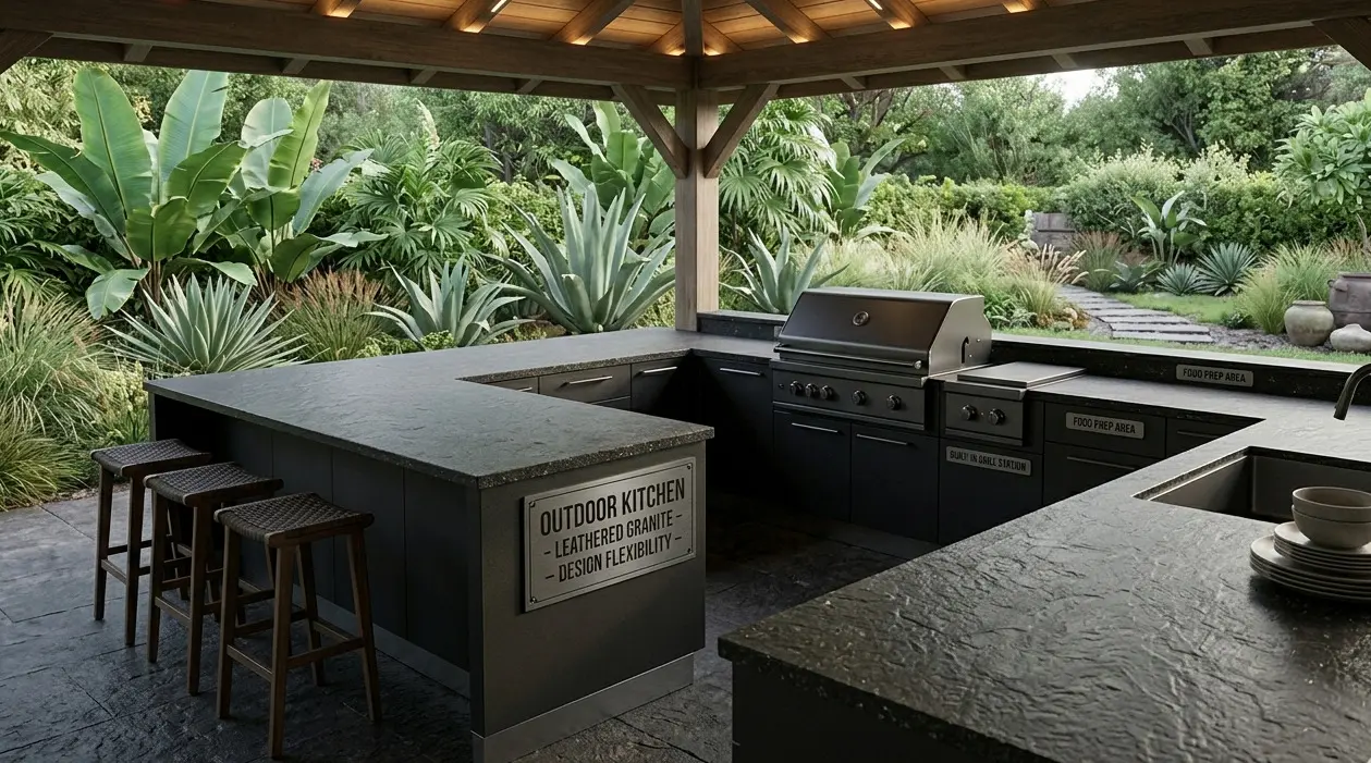 Conceptual rendering of leathered granite countertops on a covered outdoor kitchen with textured natural stone surface