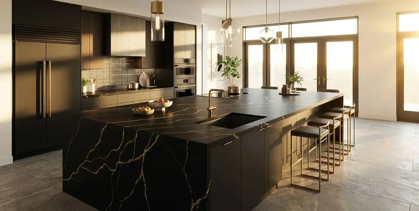 Conceptual rendering of a black matte porcelain countertop island with gold vein flow detailing in a luxury kitchen