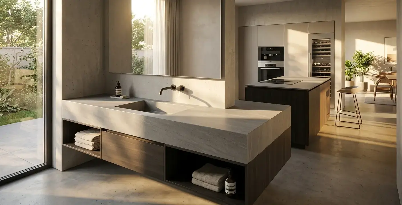 Conceptual rendering of a grey matte porcelain slab used as a sleek bathroom vanity surface