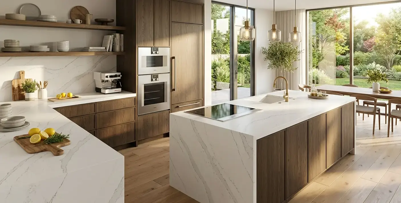 Conceptual rendering of matte porcelain countertop in a modern luxry kitchen