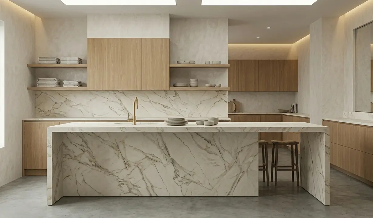 Conceptual rendering of leathered marble countertops with suede-like textured finish in a modern kitchen with wood cabinetry