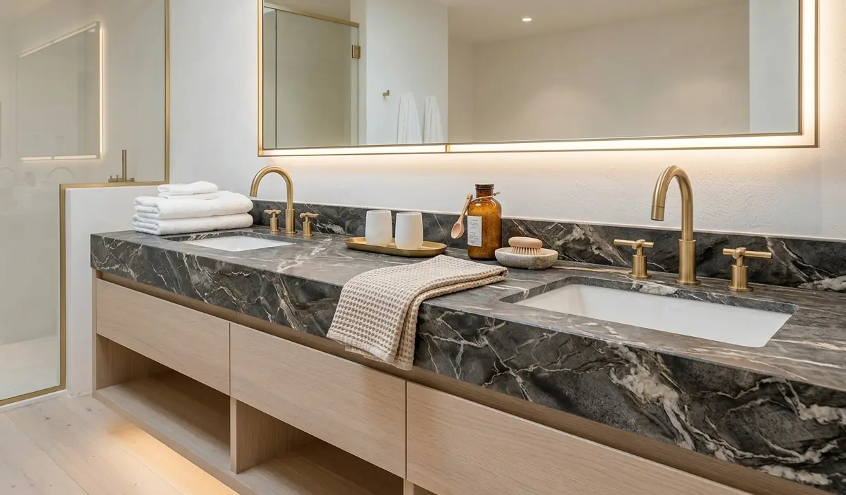 Conceptual rendering of a dark veined natural stone bathroom vanity countertop with undermount sinks and gold fixtures