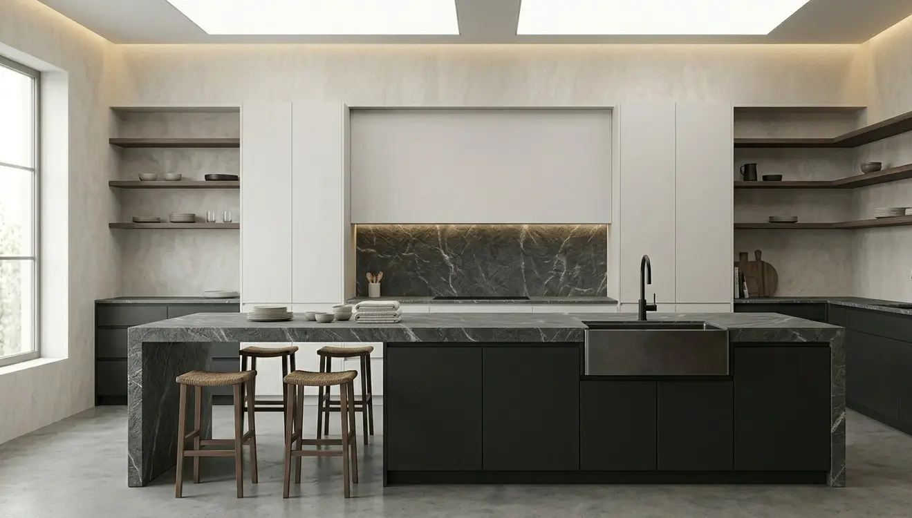 Conceptual rendering of leathered quartzite countertops with tactile matte finish in a modern kitchen with dark cabinetry