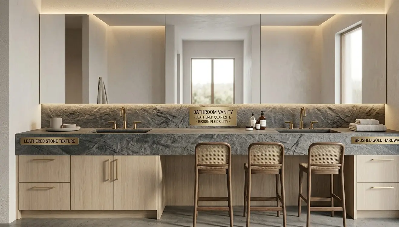 Conceptual rendering of leathered quartzite countertops in a luxury bathroom vanity with brushed gold fixtures and wood cabinetry