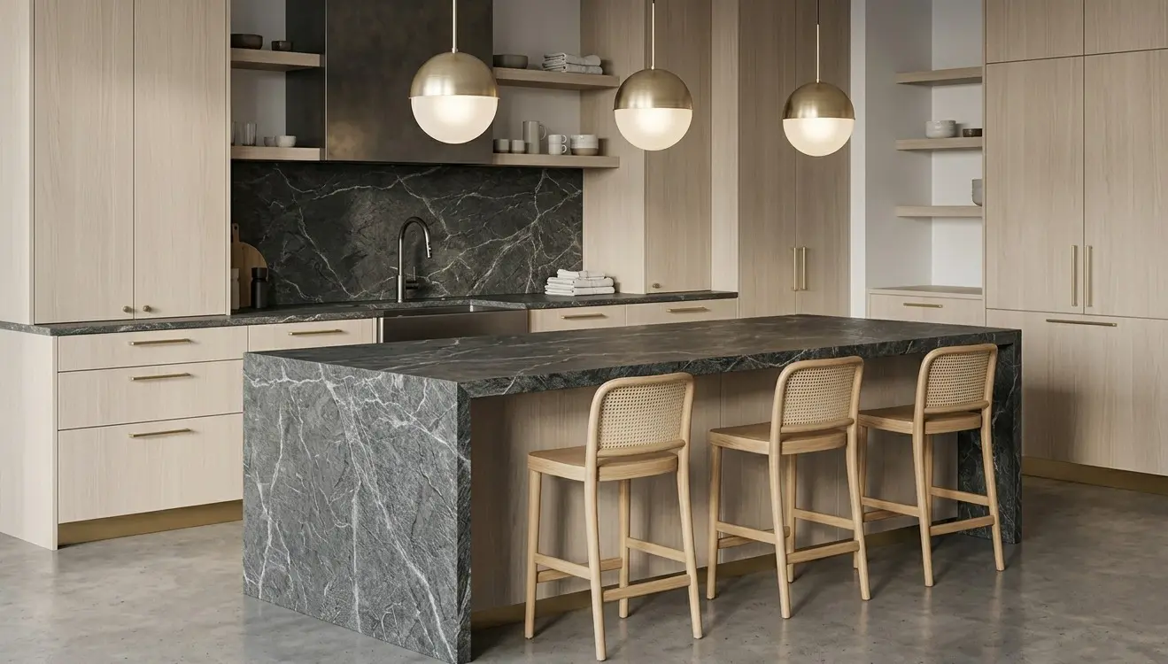Conceptual rendering of leathered quartzite countertops kitchen island waterfall edge with crystal textured finish and natural veining