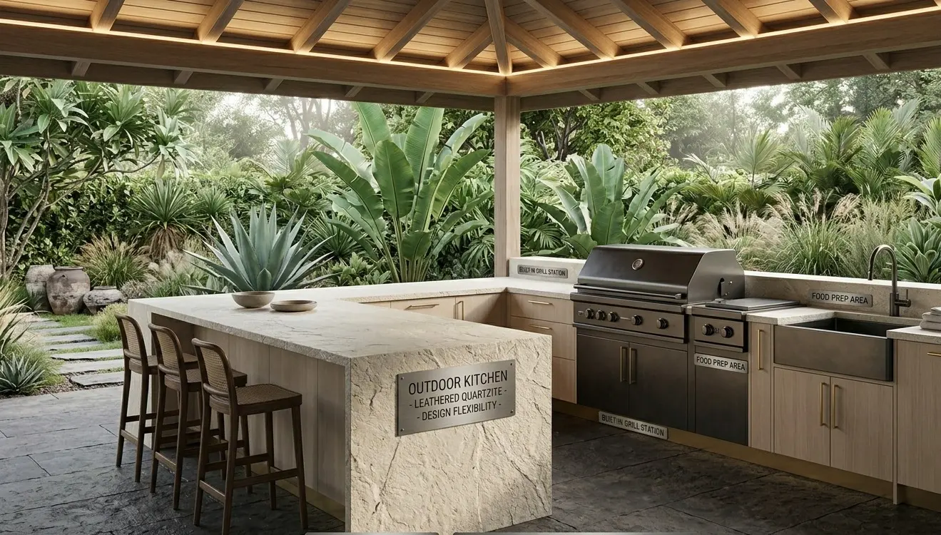 Conceptual rendering of leathered quartzite countertops on a covered outdoor kitchen with tactile natural stone matte finish