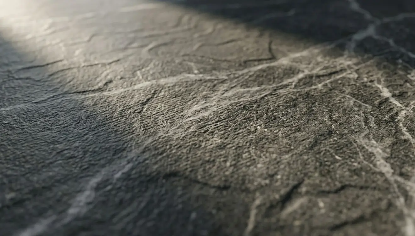 Conceptual rendering of leathered quartzite countertops; close-up showing crystal textured surface with warm ivory and gold veining