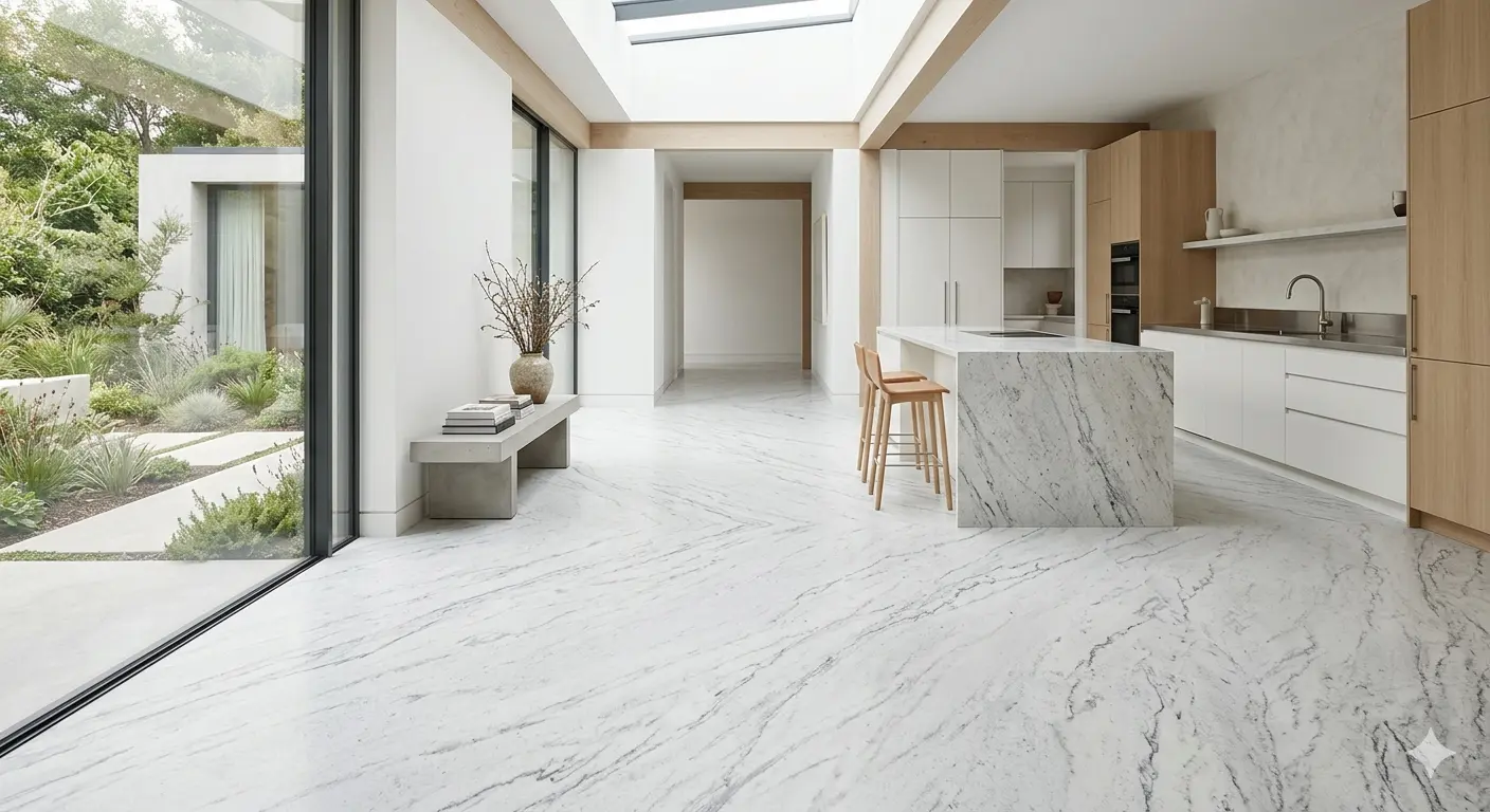 White Granite honed floor surface in bright kitchen showing large format natural stone