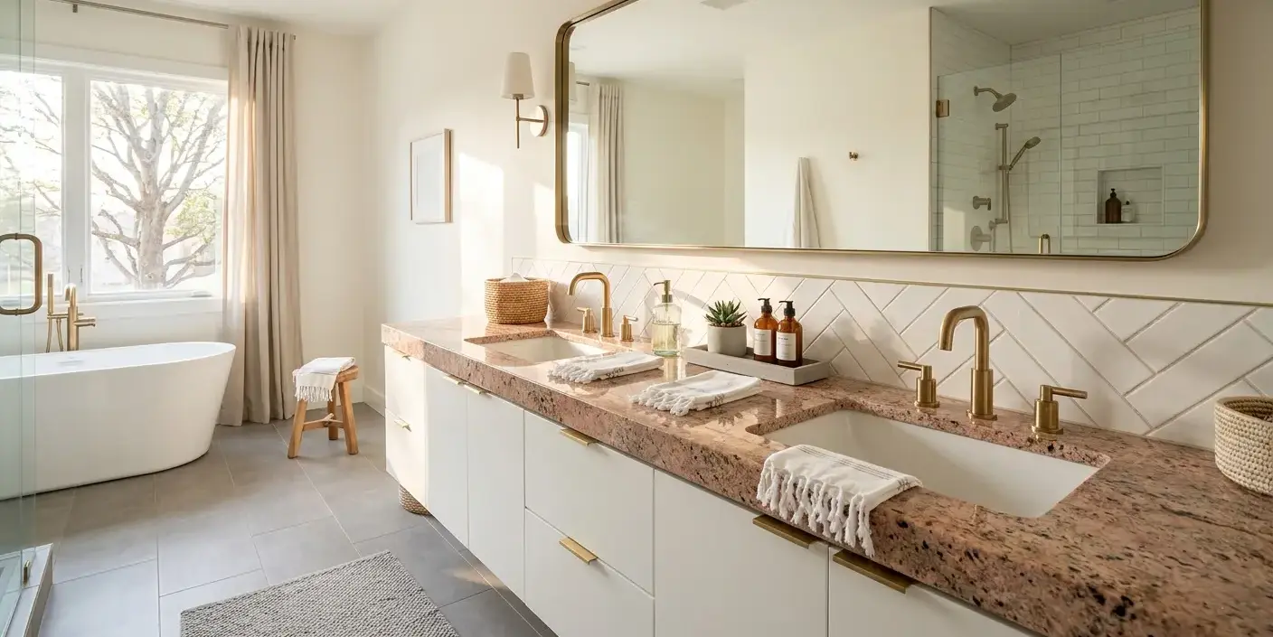 Pink granite bathroom vanity with white tile backsplash