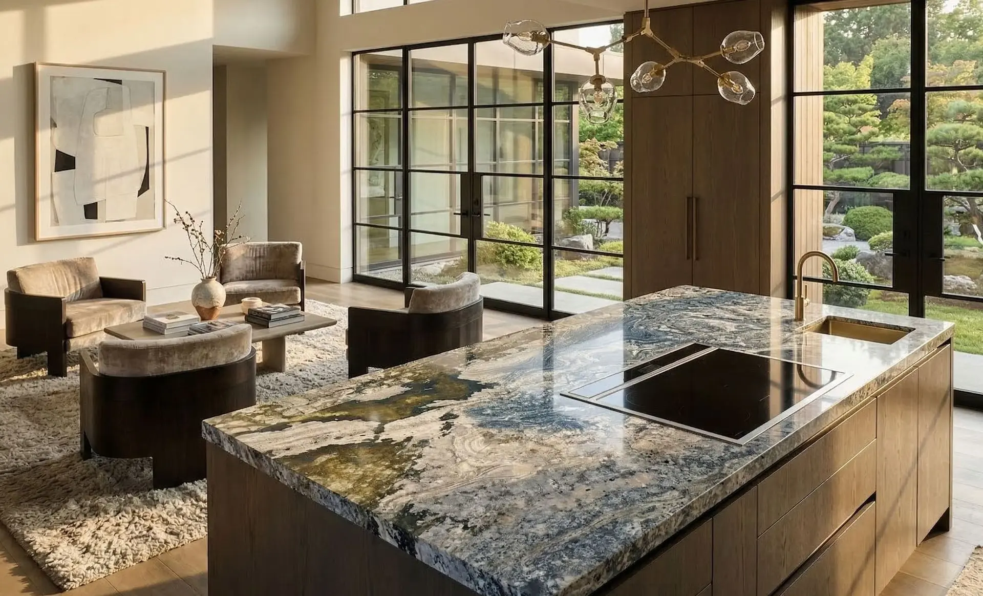 Modern kitchen interior with a blue granite island countertop