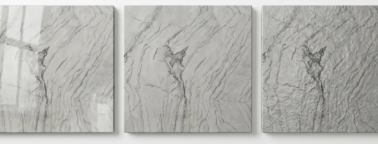 Granite finish comparison polished honed leathered samples