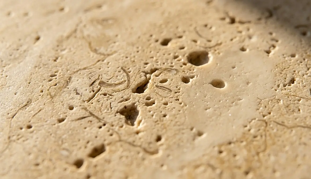 Conceptual rendering of leathered travertine countertops close-up showing natural pitting and warm cream texture with leathered finish
