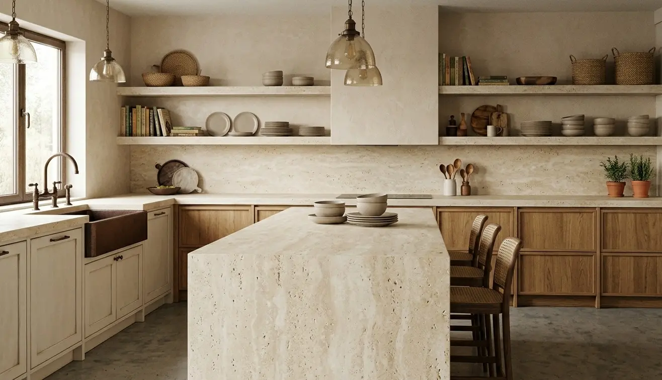 Conceptual rendering of leathered travertine countertops with warm ivory palette and textured finish in a transitional kitchen